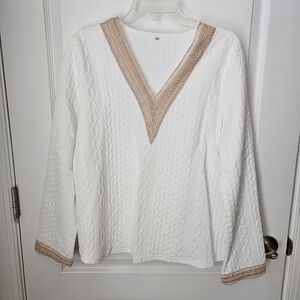 Beautiful And Chic White Sweater With Gold Styling - Size Large